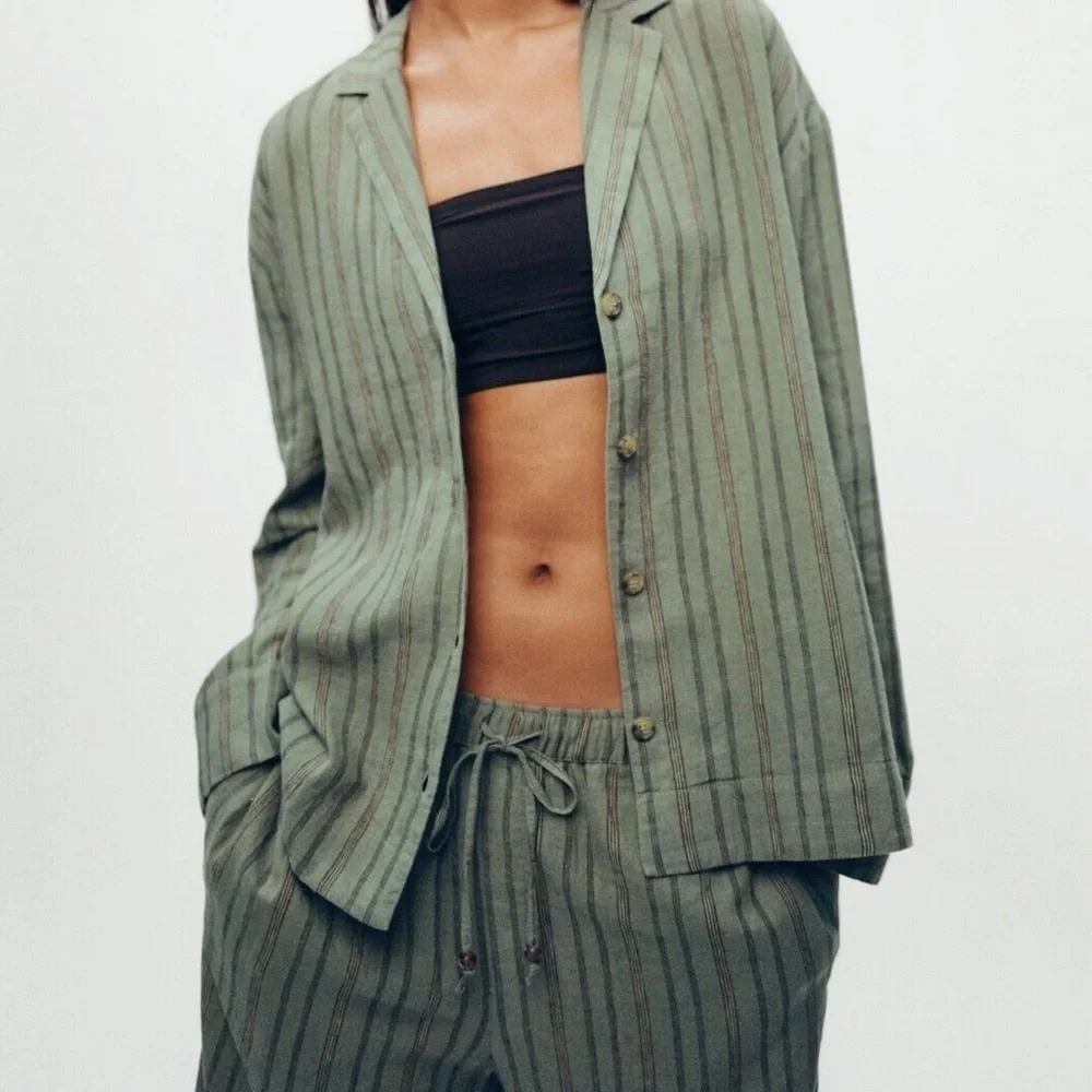 Zara Striped Linen & Cotton Blend Long Pants Bottom Size M NWOT - Picture 4 of 16